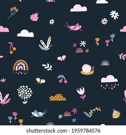 Rainbow snails in the rain seamless pattern. Summer nursery vector background in colorful trending colors. Hand-drawn childish naive illustrations in a simple Scandinavian style in a limited palette