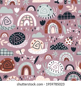 Rainbow snails in the rain seamless pattern. Summer nursery vector background in earthy trending colors. Hand-drawn childish naive illustrations in a simple Scandinavian style in a limited palette.