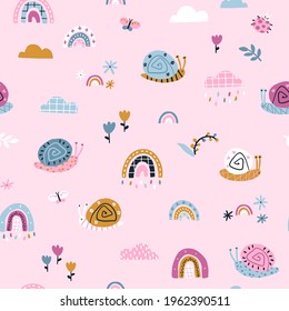 Rainbow snails in the rain seamless pattern. Summer nursery vector background in colorful trending colors. Hand-drawn childish naive illustrations in a simple Scandinavian style in a limited palette