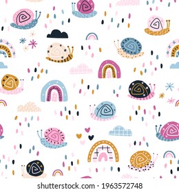 Rainbow snails in the rain seamless pattern. Summer nursery vector background in colorful trending colors. Hand-drawn childish naive illustrations in a simple Scandinavian style in a limited palette