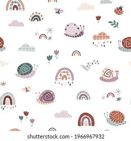 Rainbow snails in the rain seamless pattern. Summer nursery vector background in earthy trending colors. Hand-drawn childish naive illustrations in a simple Scandinavian style in a limited palette.