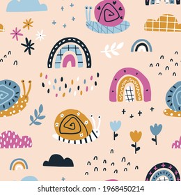 Rainbow snails in the rain seamless pattern. Summer nursery vector background in colorful trending colors. Hand-drawn childish naive illustrations in a simple Scandinavian style in a limited palette