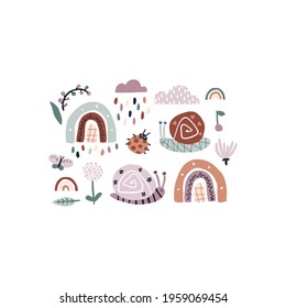 Rainbow snails in the rain. Summer vector set in earthy trending colors. Hand-drawn naive illustrations in a simple Scandinavian style with a limited palette. Isolate on white background.