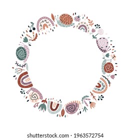 Rainbow snails in the rain. Summer vector round template in earthy trending colors. Hand-drawn naive illustrations in a simple Scandinavian style with a limited palette. Isolate on white background.