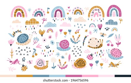 Rainbow snails in the rain. Summer vector set in colorful trending colors. Hand-drawn childish naive illustrations in a simple Scandinavian style in a limited palette. Isolate on white background.