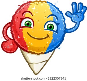 Rainbow snow cone cartoon character a refreshing sweet frozen treat waving happily and sparkling on a hot summer day 