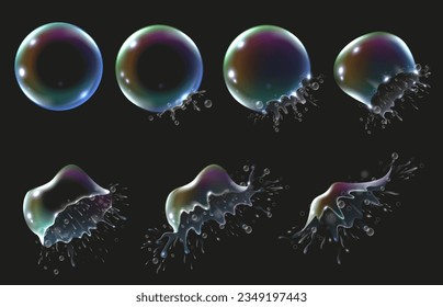 Rainbow soap bubbles explosion animation. Bubble explodes into soapy splattering, iridescent sphere burst slow motion animated frames vector set of soap sphere bubble, foam reflection illustration