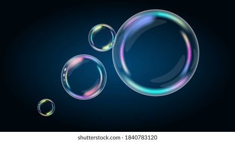 Rainbow soap bubbles on a dark background with copy space. Large and small air bubbles. Vector EPS10.