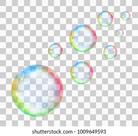 Rainbow soap bubbles on a transparent background. Realistic vector illustration
