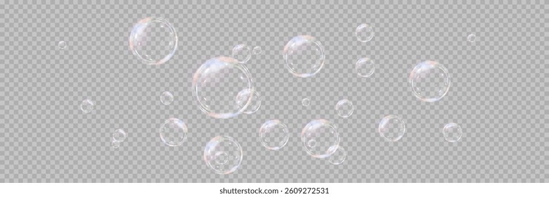Rainbow soap bubbles on transparent background. Realistic colored balls. Vector illustration.EPS 10.
