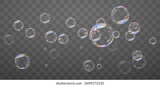 Rainbow soap bubbles on transparent background. Realistic colored balls. Vector illustration.EPS 10.