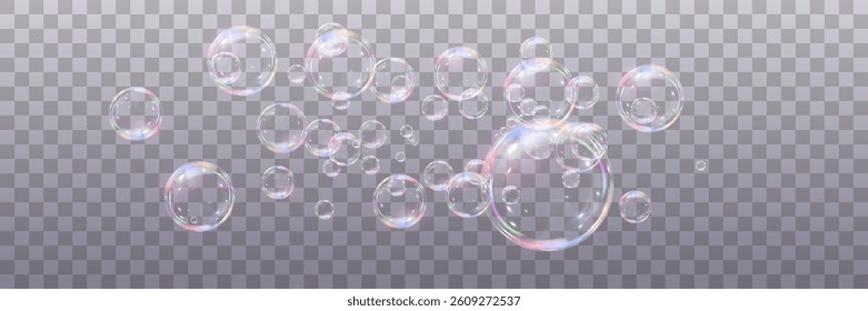 Rainbow soap bubbles on transparent background. Realistic colored balls. Vector illustration.EPS 10.