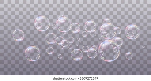 Rainbow soap bubbles on transparent background. Realistic colored balls. Vector illustration.EPS 10.