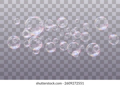 Rainbow soap bubbles on transparent background. Realistic colored balls. Vector illustration.EPS 10.