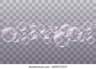 Rainbow soap bubbles on transparent background. Realistic colored balls. Vector illustration.EPS 10.