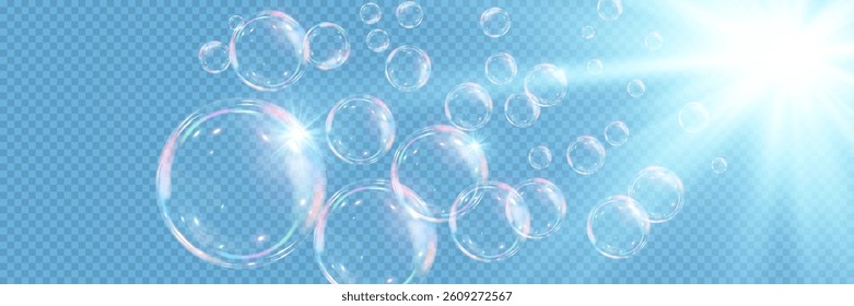 Rainbow soap bubbles on transparent background. Realistic colored balls. Vector illustration.EPS 10.
