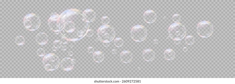 Rainbow soap bubbles on transparent background. Realistic colored balls. Vector illustration.EPS 10.
