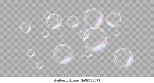 Rainbow soap bubbles on transparent background. Realistic colored balls. Vector illustration.EPS 10.