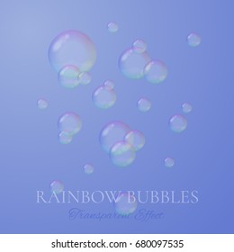 Rainbow soap bubbles in realistic vector style. Transparent isolated soapy bubbles as background for clean design.