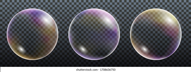 Rainbow  Soap Bubbles. Set of isolated elements on transparent background for your design. Realistic colorful balls. Vector illustration.