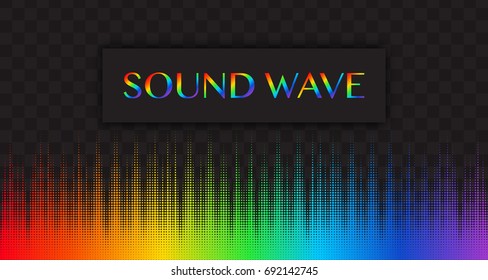Rainbow sound wave abstract digital background, vector illustration. Halftone dots wave concept, equalizer modern concept isolated on black.