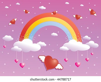 rainbow sparkle background with clouds and hearts