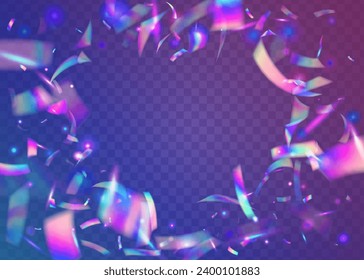 Rainbow Sparkles. Festive Foil. Fiesta Art. Metal Element. Blue Laser Background. Holographic Tinsel. Shiny Vaporwave Backdrop. Transparent Texture. Violet Rainbow Sparkles