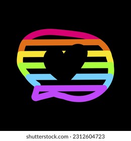 Rainbow speak bobble with neon bright felt tip pens on dark black backdrop. LGBT party icon for design of card or invitation. Illuminated vector symbol isolated on black background
