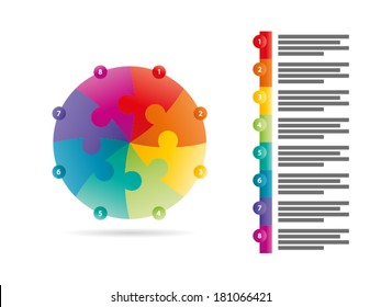 Rainbow spectrum colored eight sided puzzle presentation infographic template with explanatory text field isolated on white background