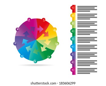 Rainbow spectrum colored nine sided arrow puzzle presentation infographic vector graphic template with explanatory text field isolated on white background