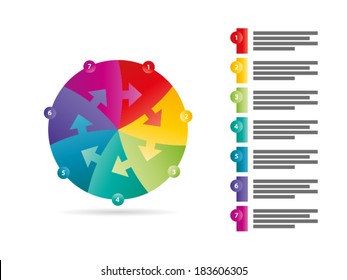 Rainbow spectrum colored seven sided arrow puzzle presentation infographic vector graphic template with explanatory text field isolated on white background