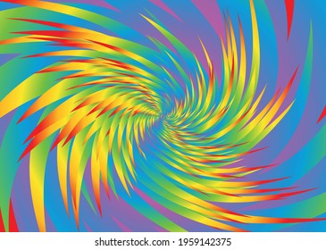 Rainbow spectrum colored spiral pattern, wild psychedelic powerful swirling feathers, colorful spiny background. Vector illustration.
