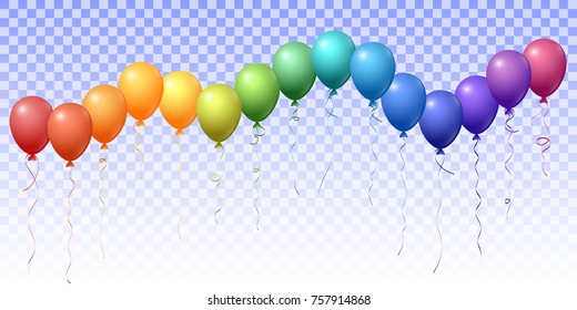 Rainbow spectrum of flying balloons isolated vector illustration, birthday party decoration elements. Anniversary party decor, birthday gift elements design. Bright flying helium balloons.