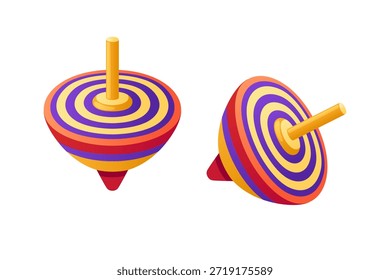 Tapas giratorias del arco iris con círculos concéntricos. Dos remolinos coloridos con el patrón circular vibrante. Juguetes tradicionales brillantes con mango amarillo. Elementos clásicos del juego de los niños. Ilustración vectorial