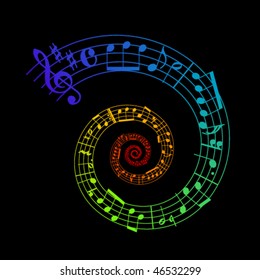 rainbow spiral sheet music on black background