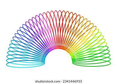 Rainbow spiral spring toy. Colored plastic kid toy. Children magic slinky spring. Vector illustration. Eps 10.