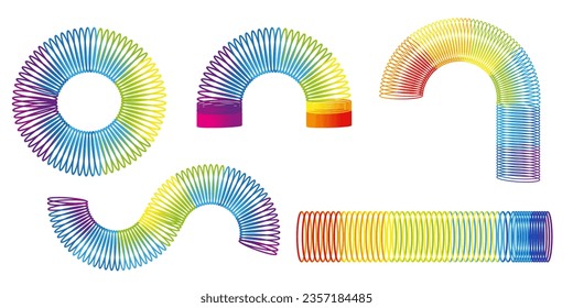 Rainbow spiral spring toy. Colored plastic kid toy. Children magic slinky spring. Vector illustration. EPS 10. svg