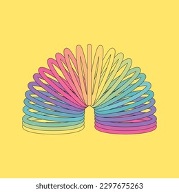 Rainbow spiral spring toy. Vintage children magic slinky spring. Colored plastic kid toy. Retro vector illustration.