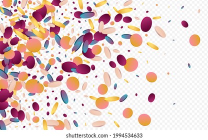 Rainbow Splash Decoration Purple Background. Hologram Flying Round Design. Vector Postcard. Colorful Effect Pattern.