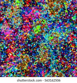 Rainbow splatter vector. Seamless background with confetti and stains. Abstract texture.