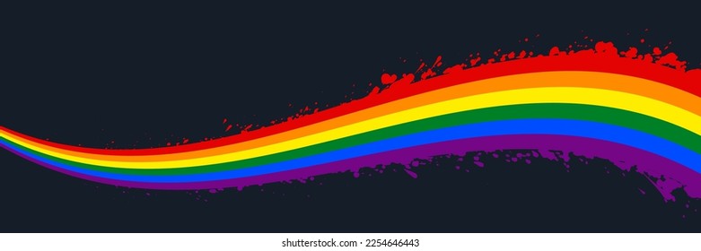 Rainbow splatter wave banner on dark background. LGBT pride flag, banner background for pride month. Pride rainbow wave design element. Vector illustration