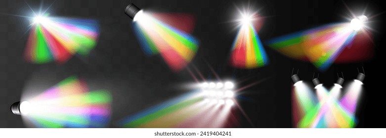 Rainbow-Spotlight. Lichtstrahlspektrum, Vektorlinse-Fackeleffekt. Magische Regenbogen-Glanz oder realistisches Spotlight.Regenbogenfarben Farbverlauf.