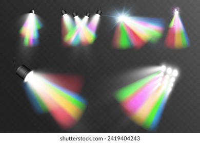El foco del arco iris. Espectro de vigas de luz, efecto de bengala de lente vectorial. El arcoiris mágico brilla o la luz reflectante realista.Degradado de colores arcoiris.
