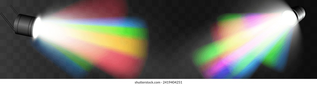 El foco del arco iris. Espectro de vigas de luz, efecto de bengala de lente vectorial. El arcoiris mágico brilla o la luz reflectante realista.Degradado de colores arcoiris.