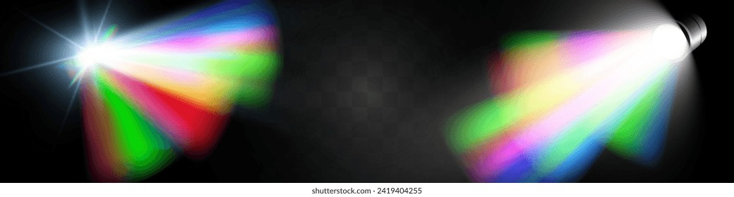 Rainbow-Spotlight. Lichtstrahlspektrum, Vektorlinse-Fackeleffekt. Magische Regenbogen-Glanz oder realistisches Spotlight.Regenbogenfarben Farbverlauf.