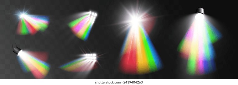 Rainbow-Spotlight. Lichtstrahlspektrum, Vektorlinse-Fackeleffekt. Magische Regenbogen-Glanz oder realistisches Spotlight.Regenbogenfarben Farbverlauf.