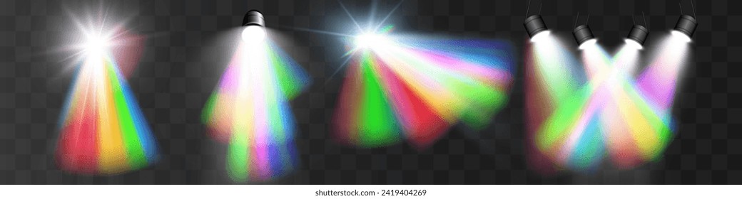 Rainbow-Spotlight. Lichtstrahlspektrum, Vektorlinse-Fackeleffekt. Magische Regenbogen-Glanz oder realistisches Spotlight.Regenbogenfarben Farbverlauf.