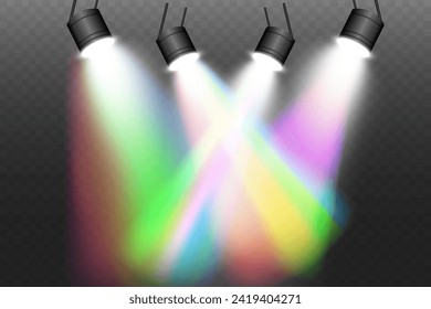 El foco del arco iris. Espectro de vigas de luz, efecto de bengala de lente vectorial. El arcoiris mágico brilla o la luz reflectante realista.Degradado de colores arcoiris.