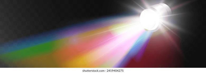 El foco del arco iris. Espectro de vigas de luz, efecto de bengala de lente vectorial. El arcoiris mágico brilla o la luz reflectante realista.Degradado de colores arcoiris.