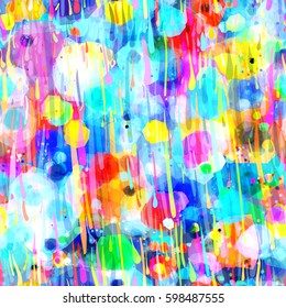 Rainbow spots and strokes like drops. Abstract seamless texture for fabric, home decor, wrapping. Watercolor effect